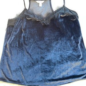 Dark blue velvet/Velour racer back top with black lace